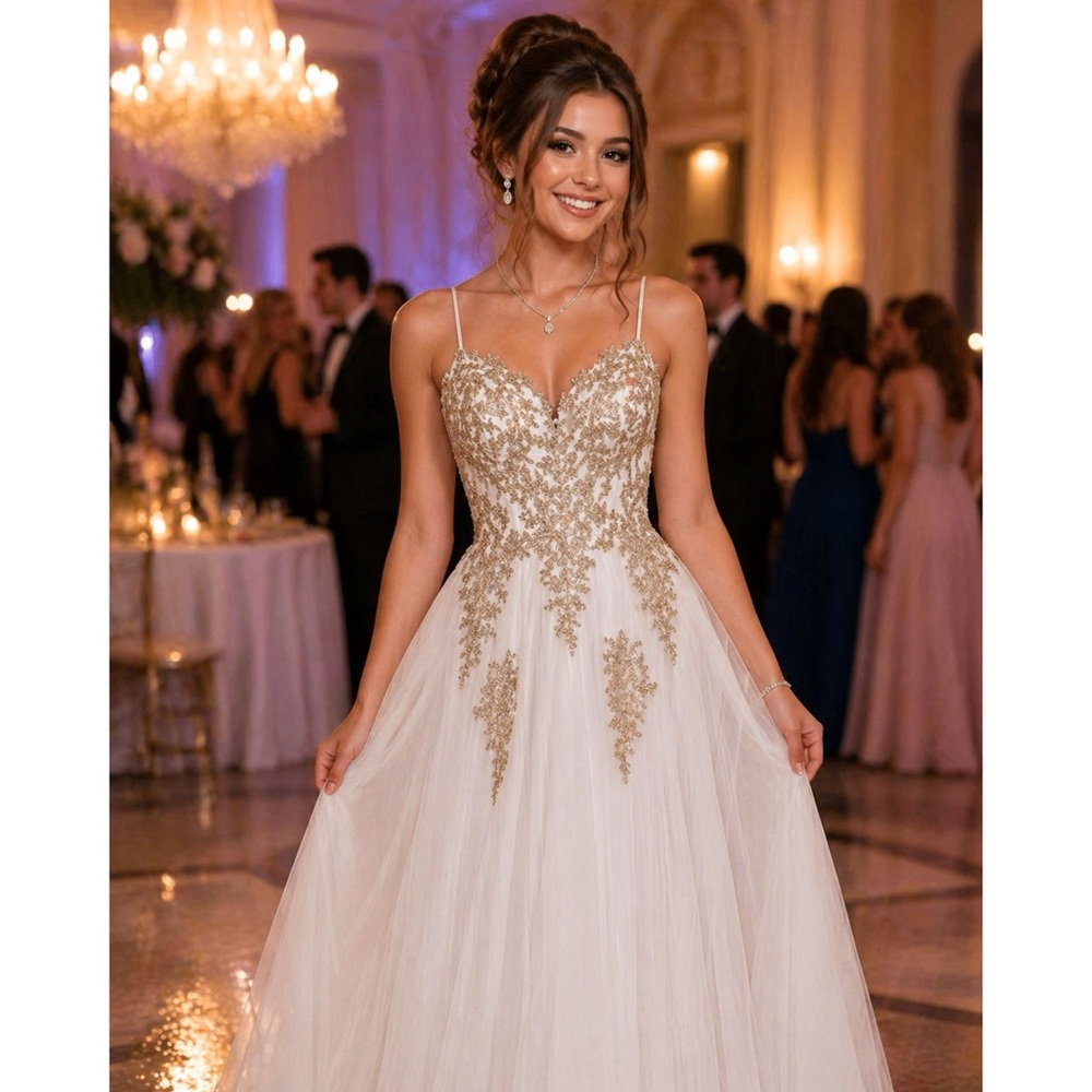 White & Gold Embellished Ball Gown Prom Maxi Dress Size 2 NWT